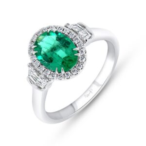 3-Stone-Halo Oval Shaped Emerald Engagement Ring