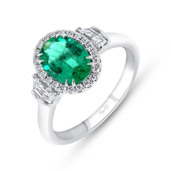3-Stone-Halo Oval Shaped Emerald Engagement Ring