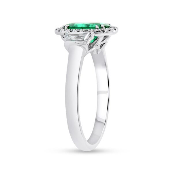 3-Stone-Halo Oval Shaped Emerald Engagement Ring - Image 2