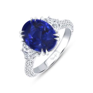 Three-Stone Oval Shaped Blue Sapphire Engagement Ring