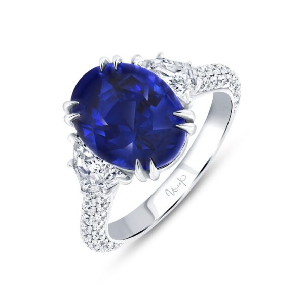 Three-Stone Oval Shaped Blue Sapphire Engagement Ring
