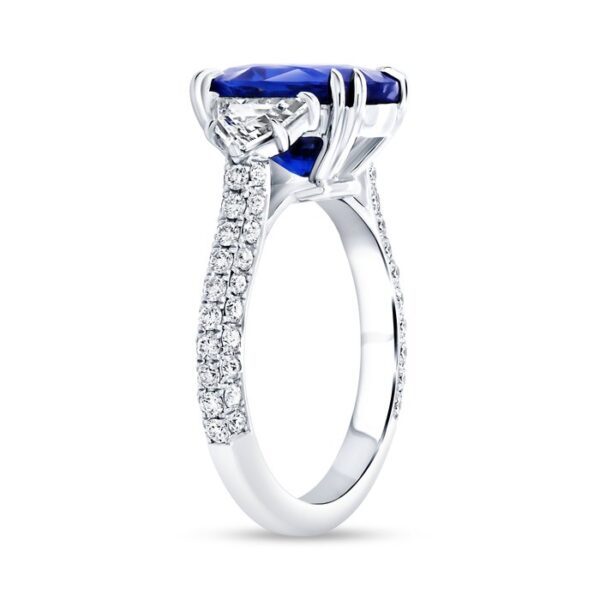 Three-Stone Oval Shaped Blue Sapphire Engagement Ring - Image 2