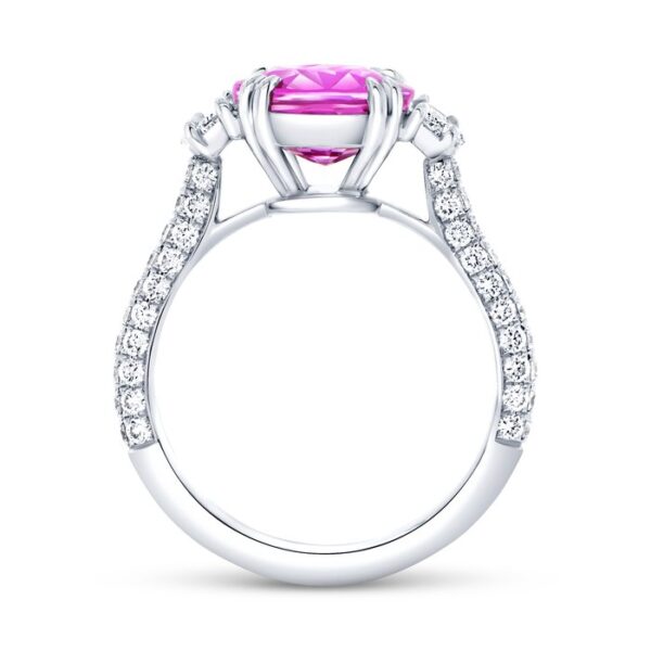 Three-Stone Oval Shaped Pink Sapphire Engagement Ring - Image 3