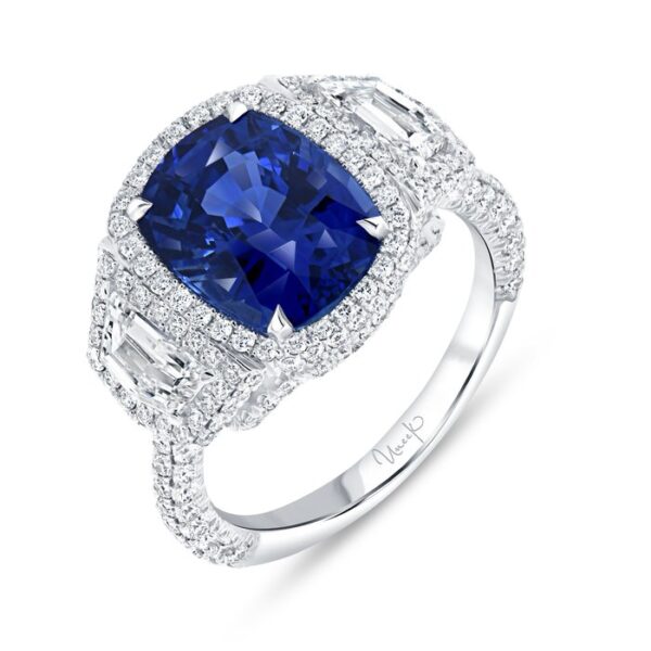 3-Stone-Halo Cushion Cut Blue Sapphire Engagement Ring