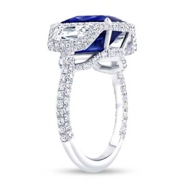 3-Stone-Halo Cushion Cut Blue Sapphire Engagement Ring - Image 2