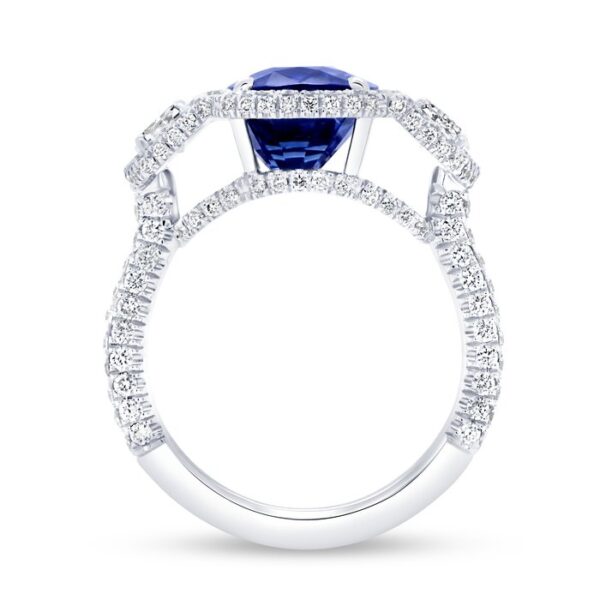 3-Stone-Halo Cushion Cut Blue Sapphire Engagement Ring - Image 3