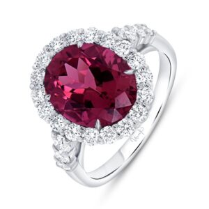Halo Oval Shaped Pink Tourmaline Engagement Ring