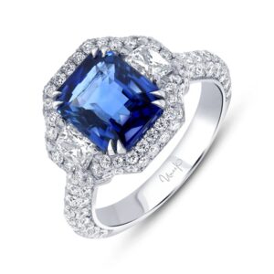 3-Stone-Halo Emerald Cut Blue Sapphire Engagement Ring