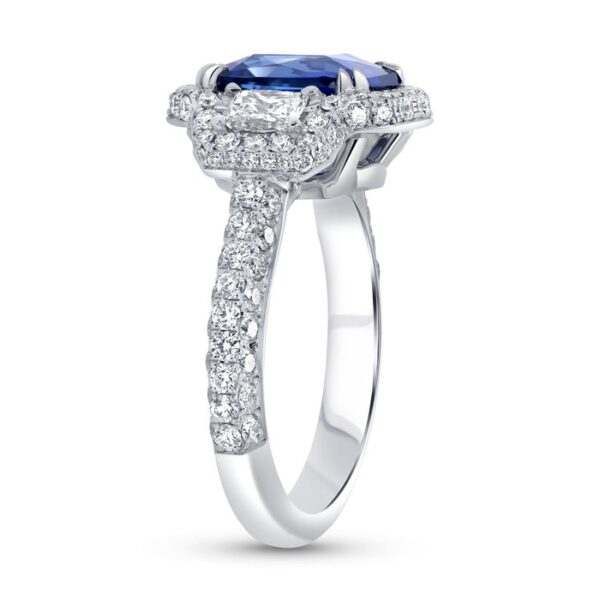 3-Stone-Halo Emerald Cut Blue Sapphire Engagement Ring - Image 2
