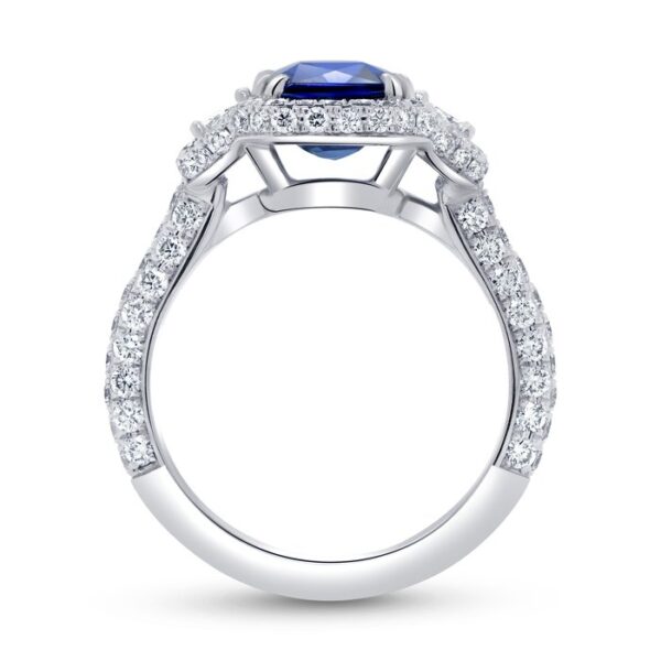3-Stone-Halo Emerald Cut Blue Sapphire Engagement Ring - Image 3