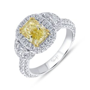 3-Stone-Halo Cushion Cut Fancy Light Yellow Diamond Engagement Ring