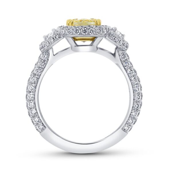 3-Stone-Halo Cushion Cut Fancy Light Yellow Diamond Engagement Ring - Image 3