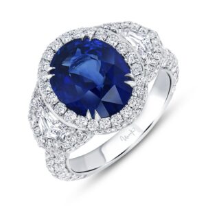 Halo Oval Shaped Blue Sapphire Engagement Ring