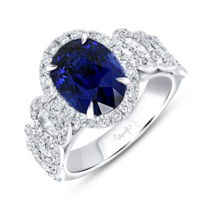 Halo Oval Shaped Blue Sapphire Engagement Ring