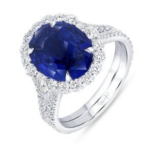 Halo Oval Shaped Blue Sapphire Engagement Ring