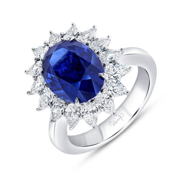 Halo Oval Shaped Blue Sapphire Engagement Ring