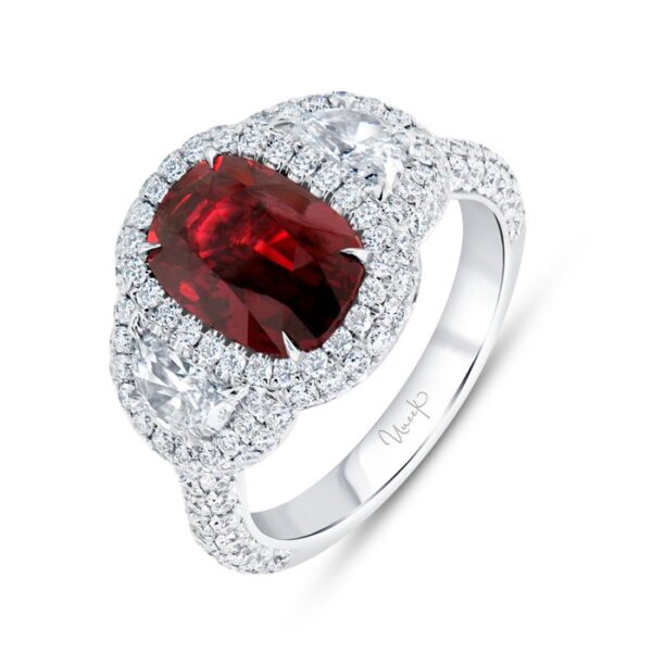 3-Stone-Halo Cushion Cut Ruby Engagement Ring