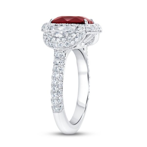 3-Stone-Halo Cushion Cut Ruby Engagement Ring - Image 2