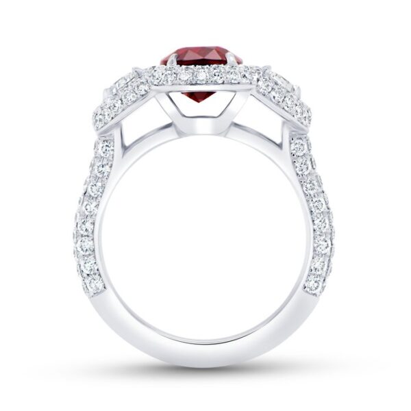 3-Stone-Halo Cushion Cut Ruby Engagement Ring - Image 3