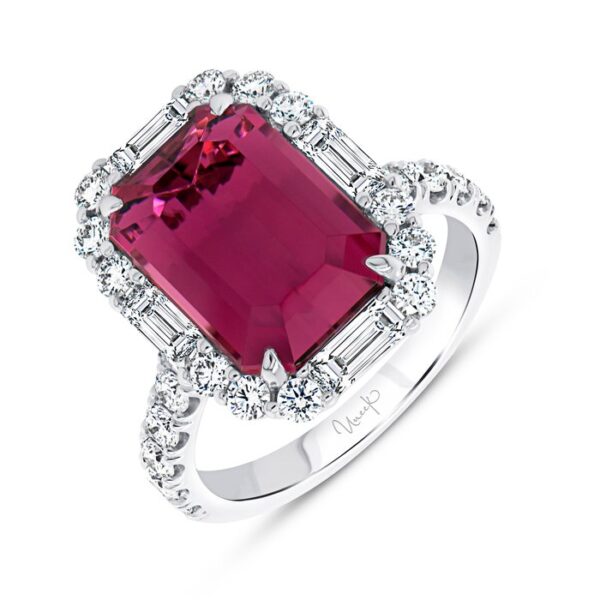 Halo Emerald Cut Rubellite Fashion Ring