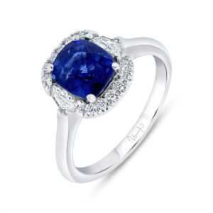 3-Stone-Halo Cushion Cut Blue Sapphire Engagement Ring