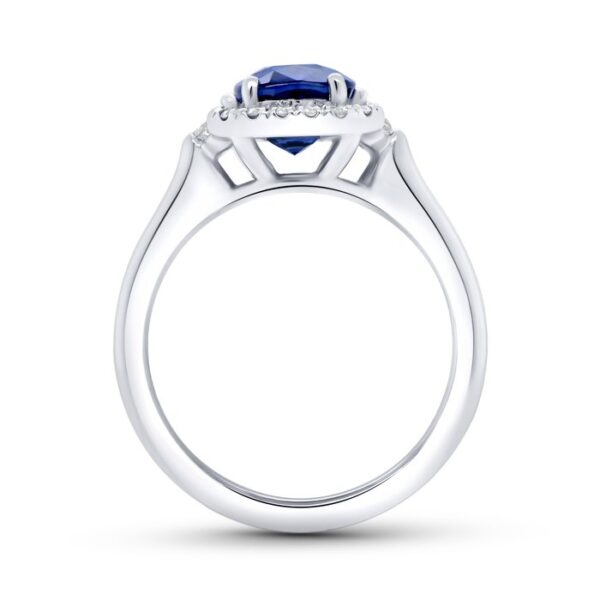 3-Stone-Halo Cushion Cut Blue Sapphire Engagement Ring - Image 3