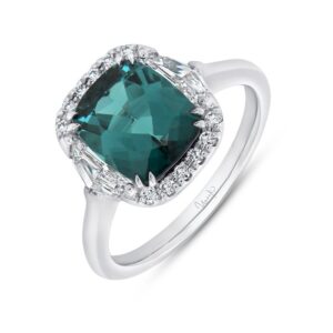 3-Stone-Halo Cushion Cut Green Tourmaline Engagement Ring