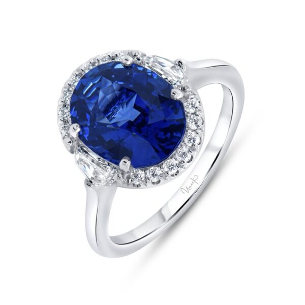 3-Stone-Halo Oval Shaped Blue Sapphire Engagement Ring