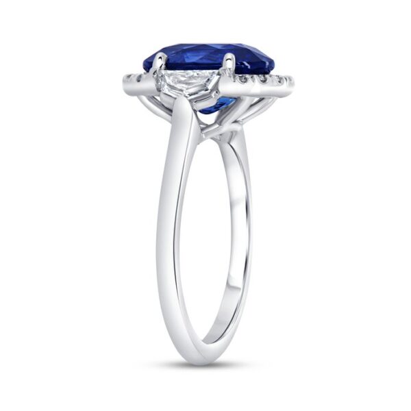 3-Stone-Halo Oval Shaped Blue Sapphire Engagement Ring - Image 2