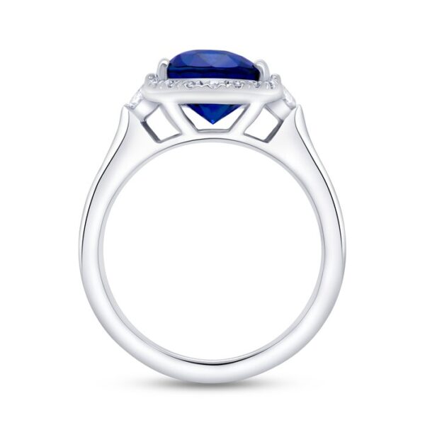 3-Stone-Halo Oval Shaped Blue Sapphire Engagement Ring - Image 3