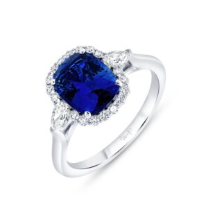 3-Stone-Halo Cushion Cut Blue Sapphire Engagement Ring