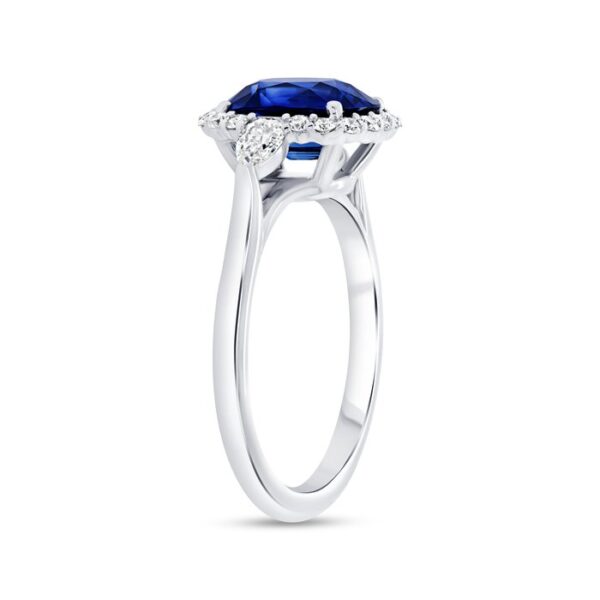 3-Stone-Halo Cushion Cut Blue Sapphire Engagement Ring - Image 2