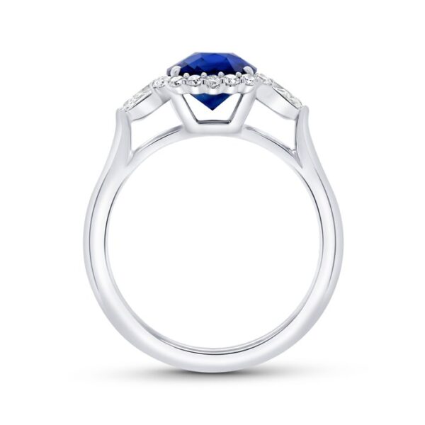 3-Stone-Halo Cushion Cut Blue Sapphire Engagement Ring - Image 3