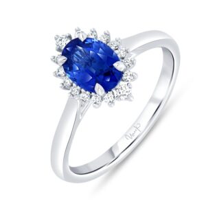 Halo Oval Shaped Blue Sapphire Engagement Ring