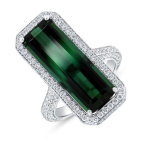 Halo Emerald Cut Green Tourmaline Engagement Ring