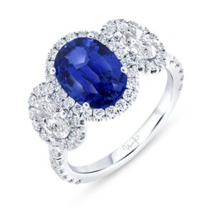 3-Stone-Halo Oval Shaped Blue Sapphire Ring