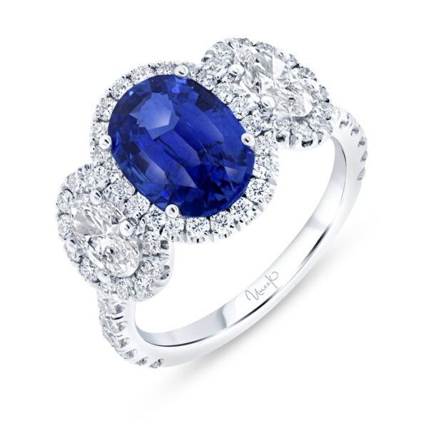3-Stone-Halo Oval Shaped Blue Sapphire Ring