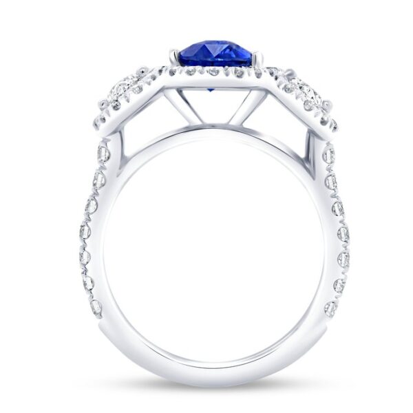 3-Stone-Halo Oval Shaped Blue Sapphire Ring - Image 2