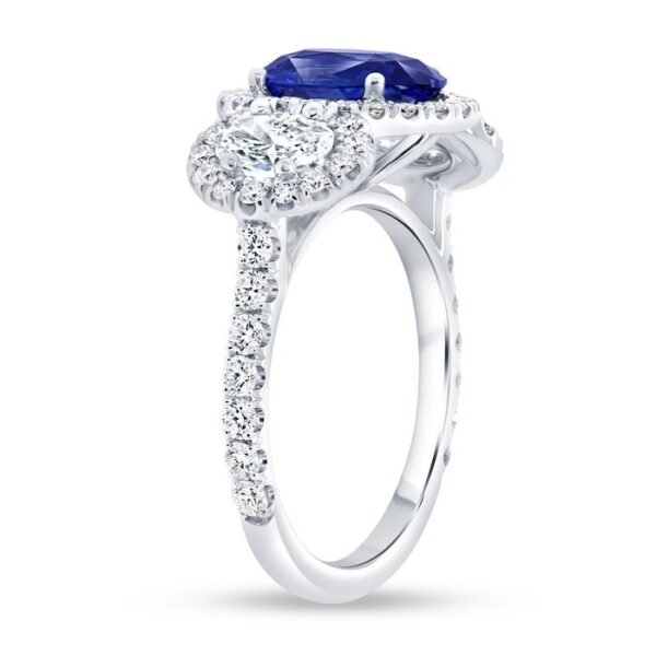 3-Stone-Halo Oval Shaped Blue Sapphire Ring - Image 3