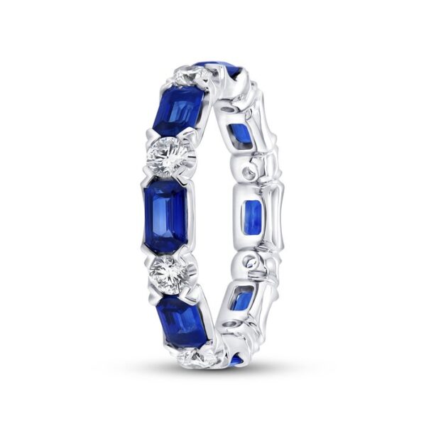 Straight Emerald Cut Blue Sapphire Anniversary Ring - Image 2