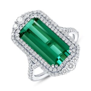 Double-Halo Elongated Cushion Cut Green Tourmaline Fashion Ring