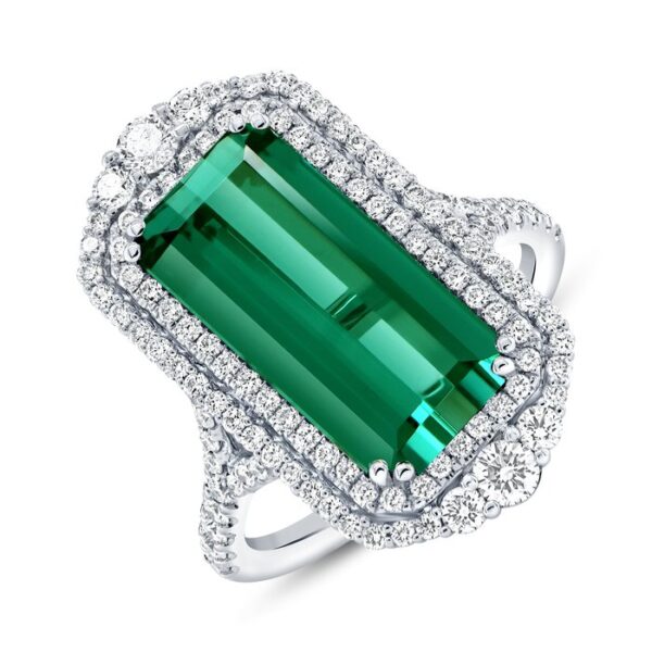 Double-Halo Elongated Cushion Cut Green Tourmaline Fashion Ring