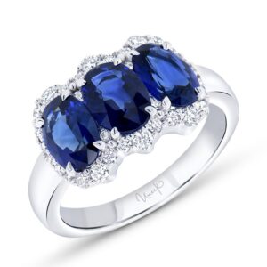 3-Stone-Halo Oval Shaped Blue Sapphire Fashion Ring
