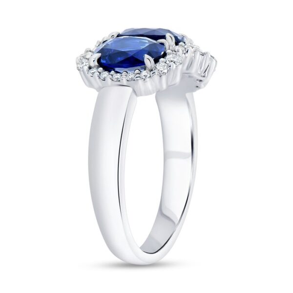 3-Stone-Halo Oval Shaped Blue Sapphire Fashion Ring - Image 2