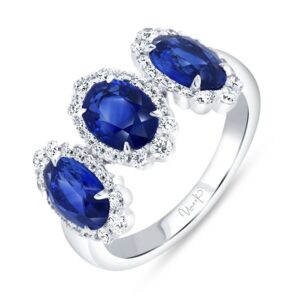 3-Stone-Halo Oval Shaped Blue Sapphire Fashion Ring