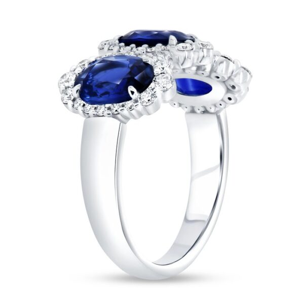 3-Stone-Halo Oval Shaped Blue Sapphire Fashion Ring - Image 2