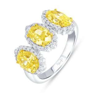 3-Stone-Halo Oval Shaped Fancy Yellow Diamond Anniversary Ring