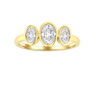 14k Yellow Gold Three-Stone Bezel Oval Diamond Ring | Pav & Broome
