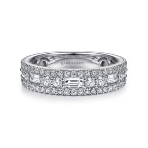 Forged in polished 14k White Gold, this diamond band features a unique triple-row design.