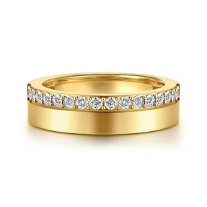 Wide 14k yellow gold diamond anniversary band with high polish finish
